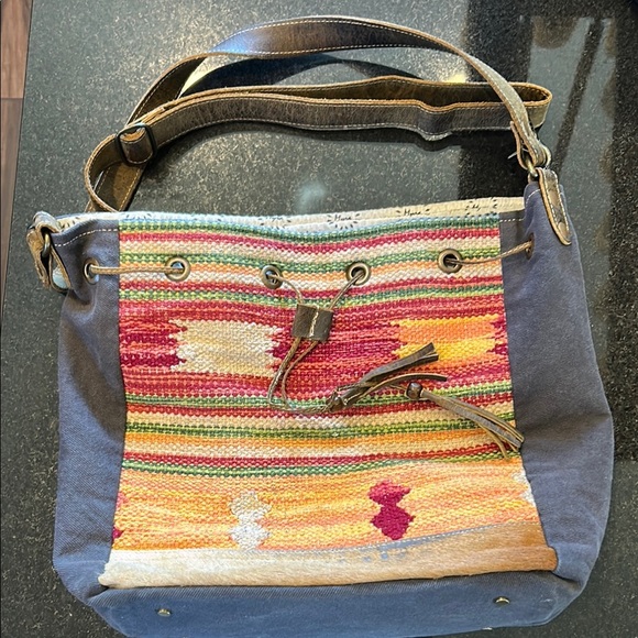Myra Bag Blue and Red Shoulder‎ Bag with Unique Striped Design - Picture 1 of 4